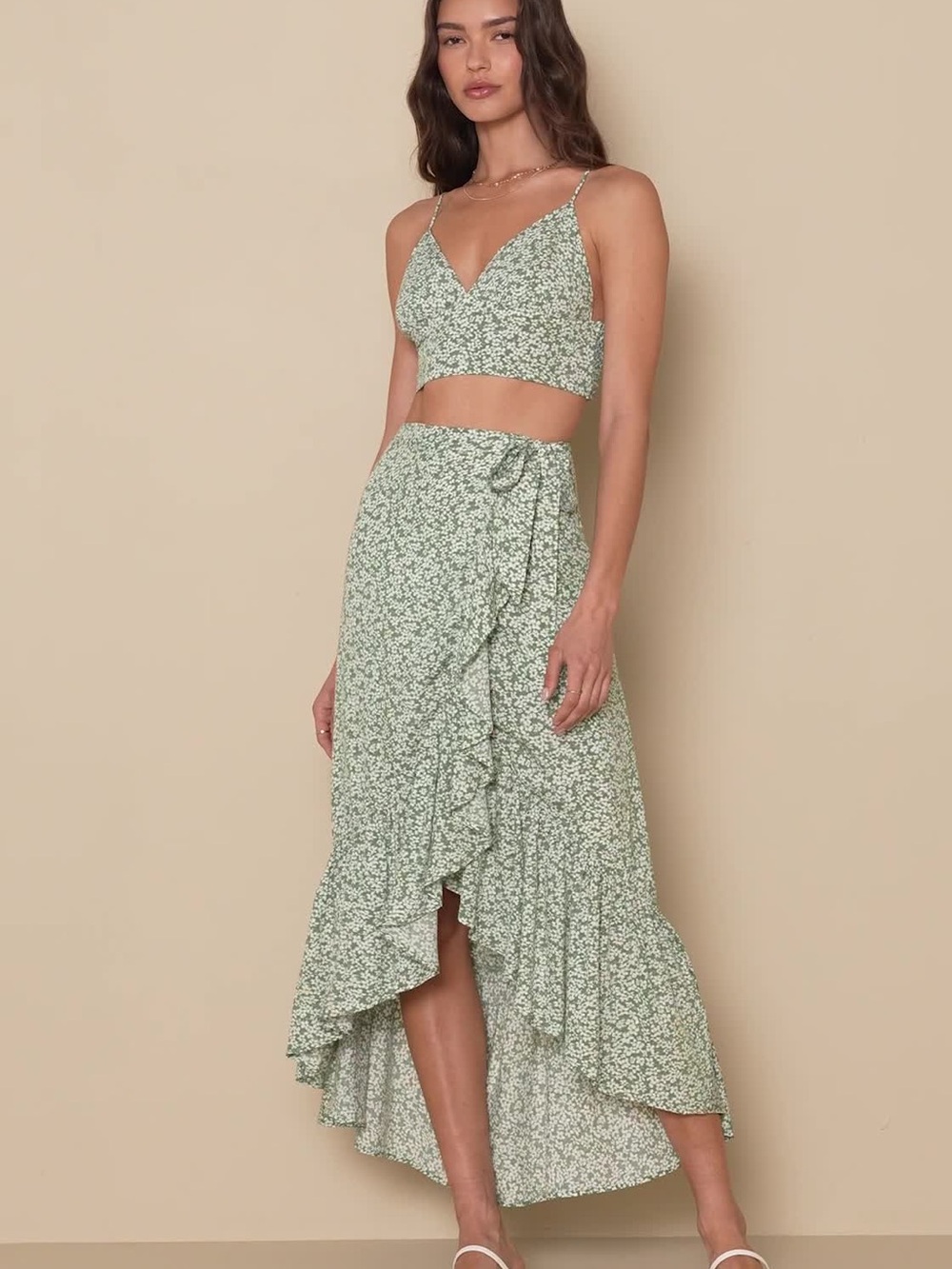 Lulu's Sage Green Floral Print Two-Piece Midi Dress
